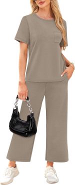 WIHOLL 2 Piece Sets for Women Casual Summer Travel Vacation Outfits Short Sleeve Wide Leg Crop Pants Lounge Sets with Pockets - Image 3