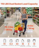 VEVOR Folding Shopping Cart, Jumbo Grocery Cart with Double Baskets, 360° Swivel Wheels, Heavy Duty Utility Cart, 110 LBS Large Capacity Utility Cart for Laundry, Shopping, Grocery, Luggage - Image 3