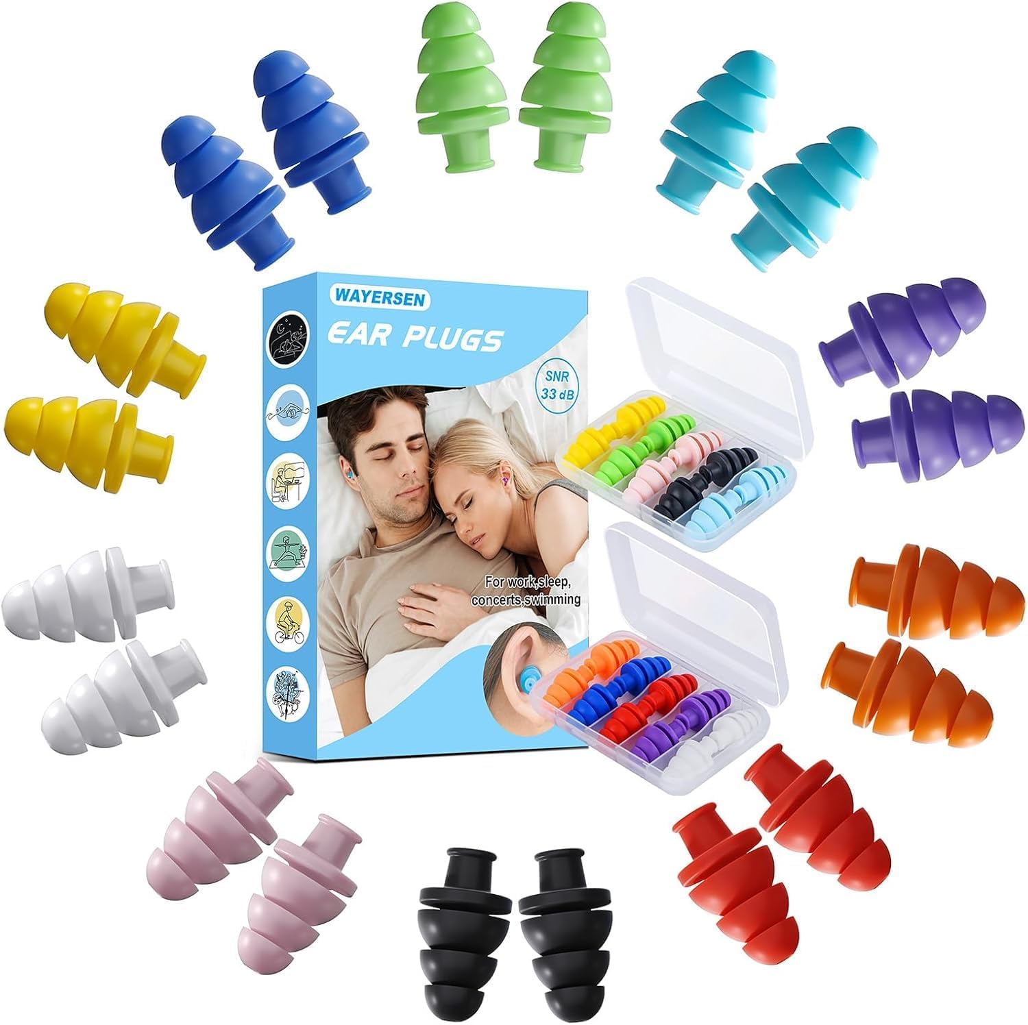Silicone Ear Plugs for Sleeping Noise Cancelling, 10 Pairs Reusable Earplugs for Sleeping, Concert, Snoring, Travel, Work, 10 Colors, 33dB SNR - Image 5