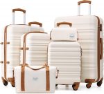 LONG VACATION Luggage Set 4 Piece Luggage Set ABS Hardshell TSA Lock Spinner Wheels Luggage Carry on Suitcase (White-Brown, 6 Piece Set) - Image 2