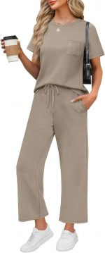 WIHOLL 2 Piece Sets for Women Casual Summer Travel Vacation Outfits Short Sleeve Wide Leg Crop Pants Lounge Sets with Pockets - Image 2
