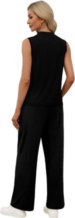 WIHOLL Two Piece Lounge Wear Sets for Women UK Summer Outfits Travel Airport Beach Vacation Mock Neck Sleeveless Tops Wide Leg Pants - Image 5