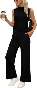 WIHOLL Two Piece Lounge Wear Sets for Women UK Summer Outfits Travel Airport Beach Vacation Mock Neck Sleeveless Tops Wide Leg Pants - Image 2
