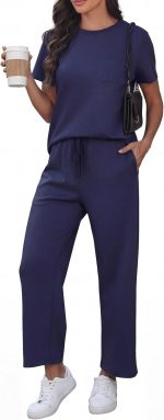 GRECERELLE Airport Two Piece Travel Outfits Set for Women Summer Short Sleeve Casual Crew Neck Tracksuit Womens Full Set Cap Sleeve Tops and Jogging Bottoms with Pockets - Image 2