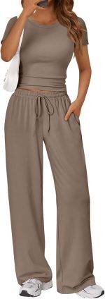 LILLUSORY 2 Piece Lounge Wear Sets for Women UK Summer Cap Sleeve T Shirts Wide Leg Tracksuits Casual Co Ords with Pockets - Image 2