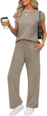 WIHOLL 2 Piece Sets for Women Casual Summer Travel Vacation Outfits Cap Sleeve Wide Leg Crop Pants Lounge Sets with Pockets - Image 2