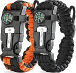 aZengear Paracord Survival Bracelet (2 Pack) | Flint Steel Fire Starter, Whistle, Compass, Hiking Accessories, Wild Camping Equipment Kit, Bushcraft, Emergency (Black and Orange) - Image 2