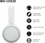 Sony WH-CH520 Wireless Bluetooth On-Ear Headphones, Lightweight Design, Up to 50hr Battery Life, Quick Charge, EQ, Clear Call Quality, iOS & Android - White - Image 3