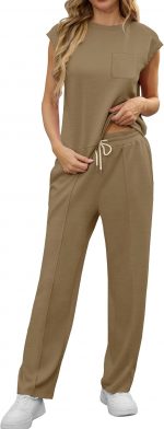 GRECERELLE Two Piece Outfits Women Summer Short Sleeve Tracksuit Womens Full Set Lounge Wear Sets for Women Casual Crew Neck Cap Sleeve Tops and Jogging Bottoms with Pockets - Image 2