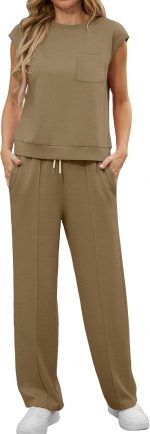 GRECERELLE Two Piece Outfits Women Summer Short Sleeve Tracksuit Womens Full Set Lounge Wear Sets for Women Casual Crew Neck Cap Sleeve Tops and Jogging Bottoms with Pockets