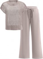 Women Two Piece Outfits Crochet Sheer Knit Sweater Top Wide Leg Pants Lounge Matching Sets Sweatsuit Travel Clothes - Image 2