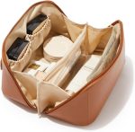 EACHY Large Capacity Travel Cosmetic Bags for Women, Waterproof Makeup Bag for Easy Access, Multifunctional Storage Toiletry Bag with Handle and Divider, Brown, Rustic