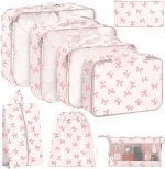 KPX 8 Set Packing Cubes for Travel, Luggage Packing Organizers Accessories Large Toiletries Bag for Clothes Shoes Cosmetics, 8Set-Pink Bow